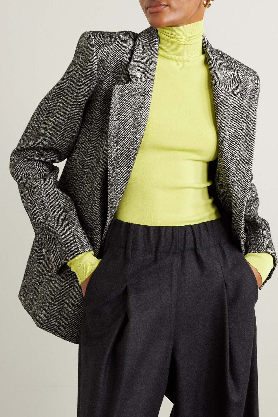  Victoria Beckham - Doppelreihiger Blazer Aus Tweed Aus Einer Wollmischung Mit Fischgratmuster - Schwarz - Uk 14 