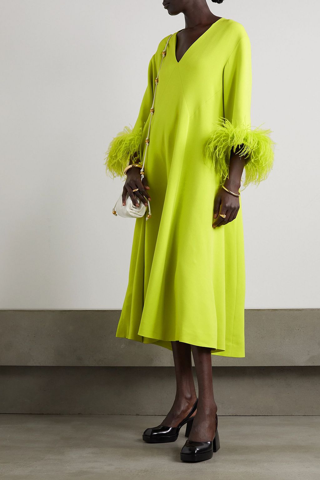 HUISHAN ZHANG Houston feather-trimmed crepe midi dress