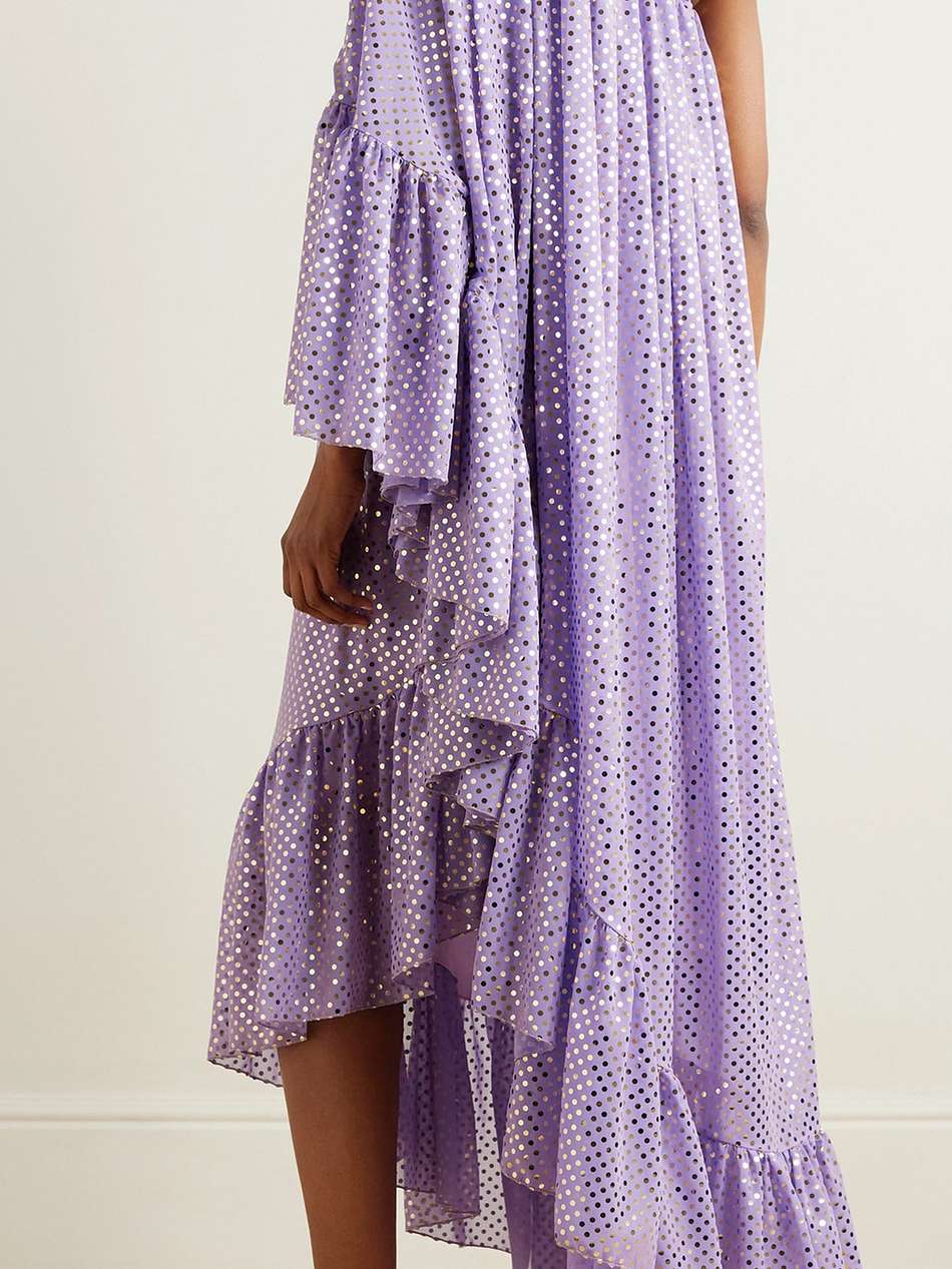 one-sleeve polka-dot chiffon maxi dress
