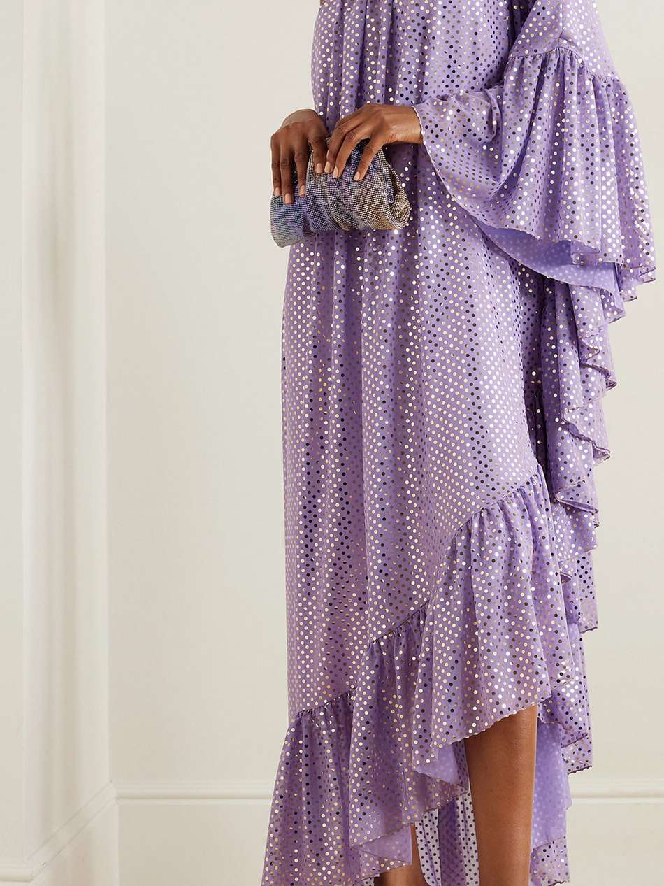 one-sleeve polka-dot chiffon maxi dress