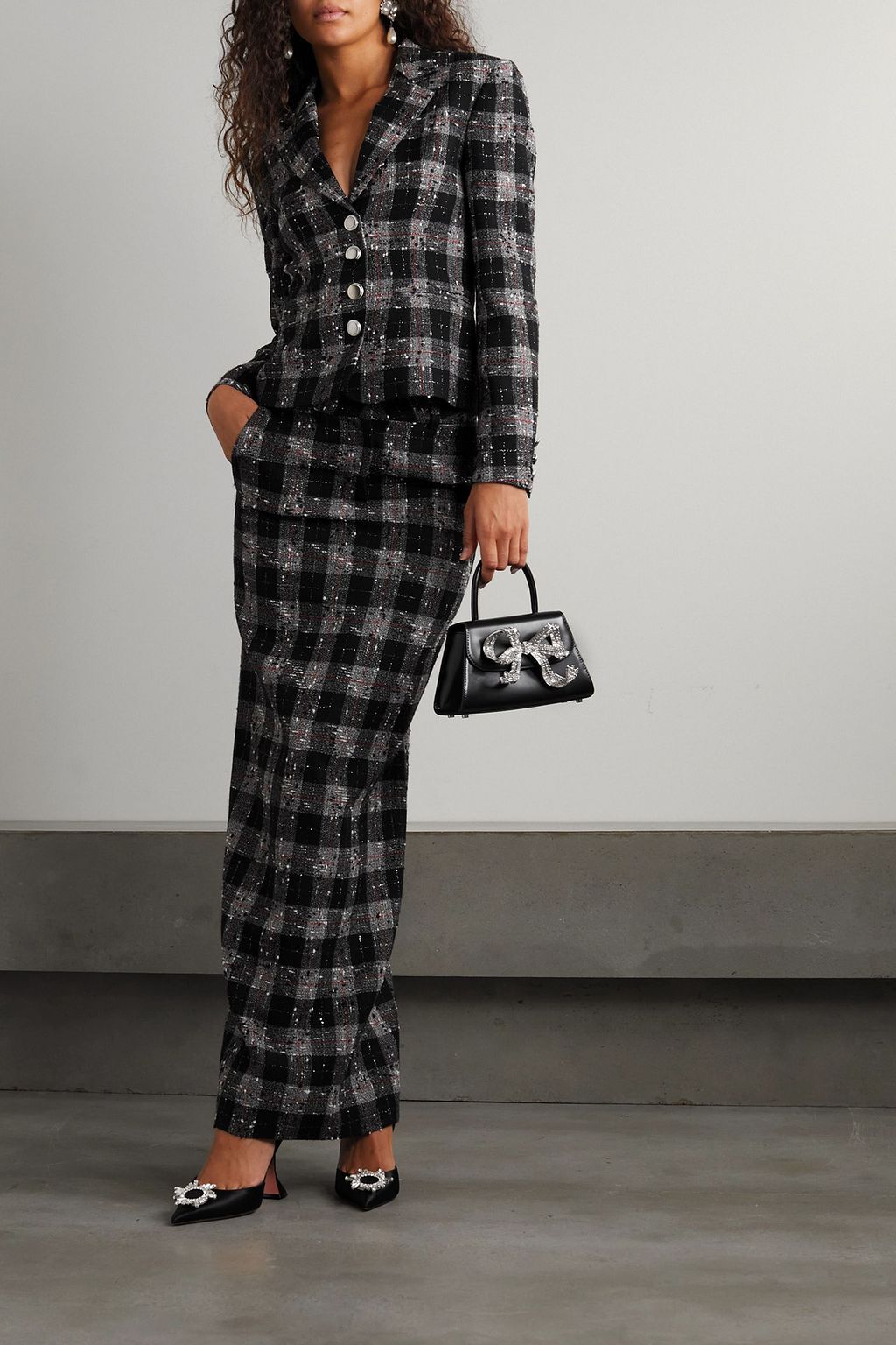 ALESSANDRA RICH Checked wool-blend bouclé-tweed maxi skirt
