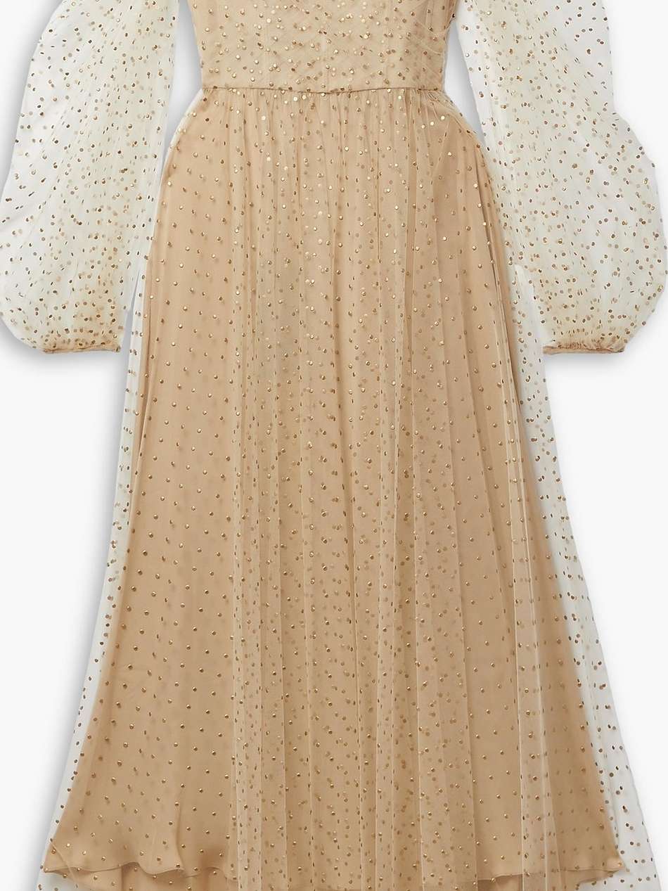 off-the-shoulder polka-dot tulle midi dress