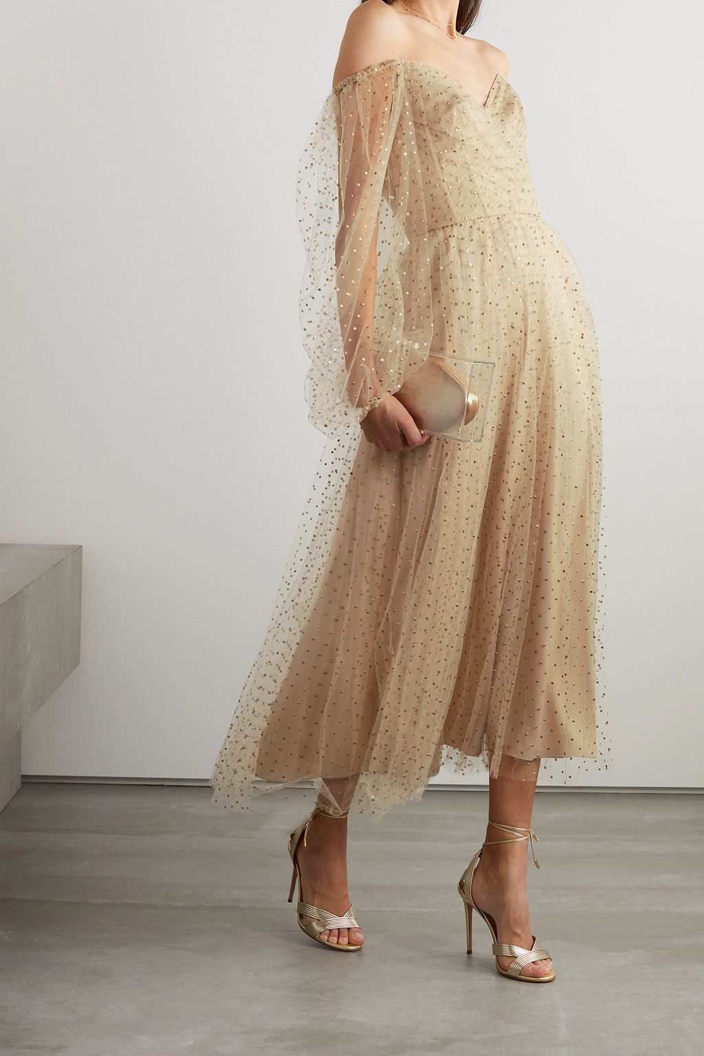 MONIQUE LHUILLIER Schulterfreies Midikleid aus Tüll mit Punkten