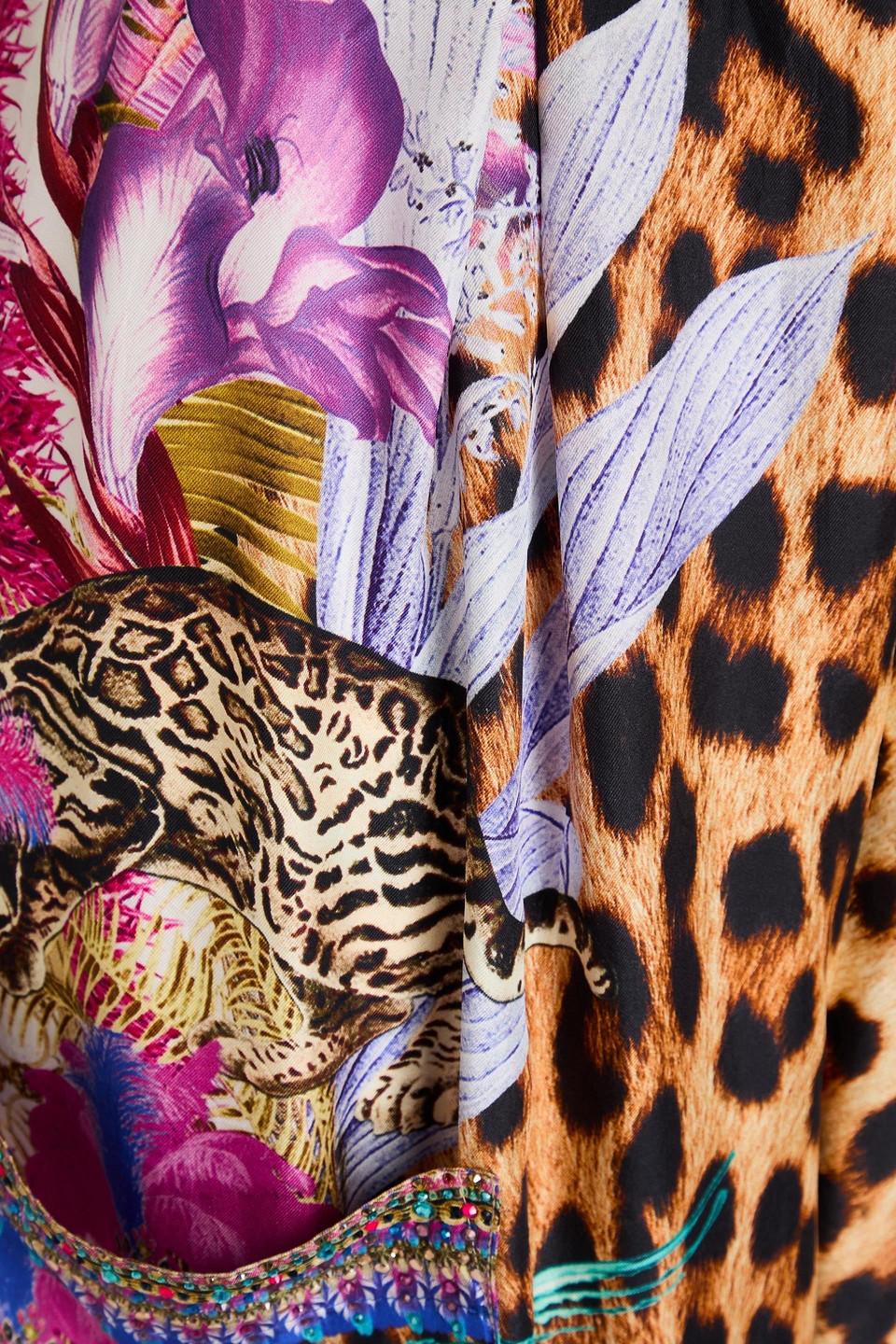 CAMILLA CRYSTAL-EMBELLISHED PRINTED SILK-TWILL WIDE-LEG PANTS