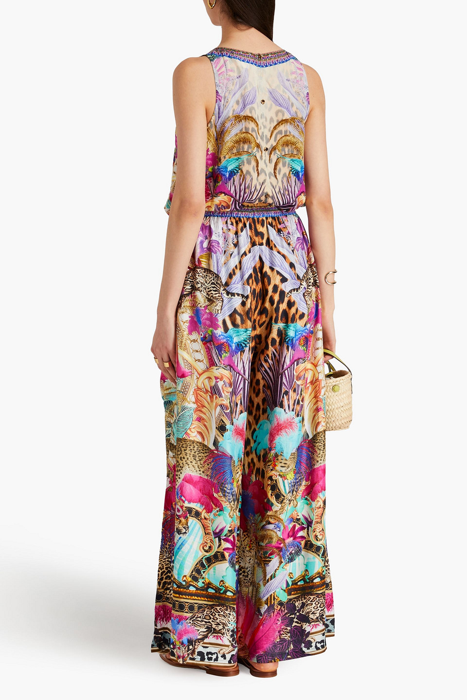 CAMILLA CRYSTAL-EMBELLISHED PRINTED SILK-TWILL WIDE-LEG PANTS