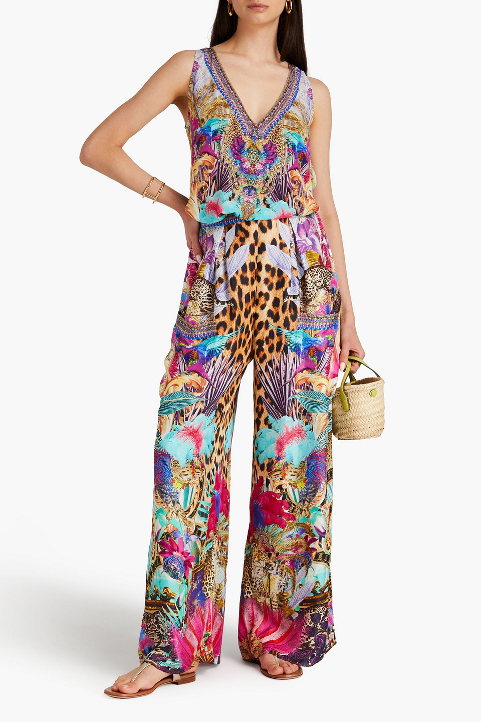 CAMILLA CRYSTAL-EMBELLISHED PRINTED SILK-TWILL WIDE-LEG PANTS