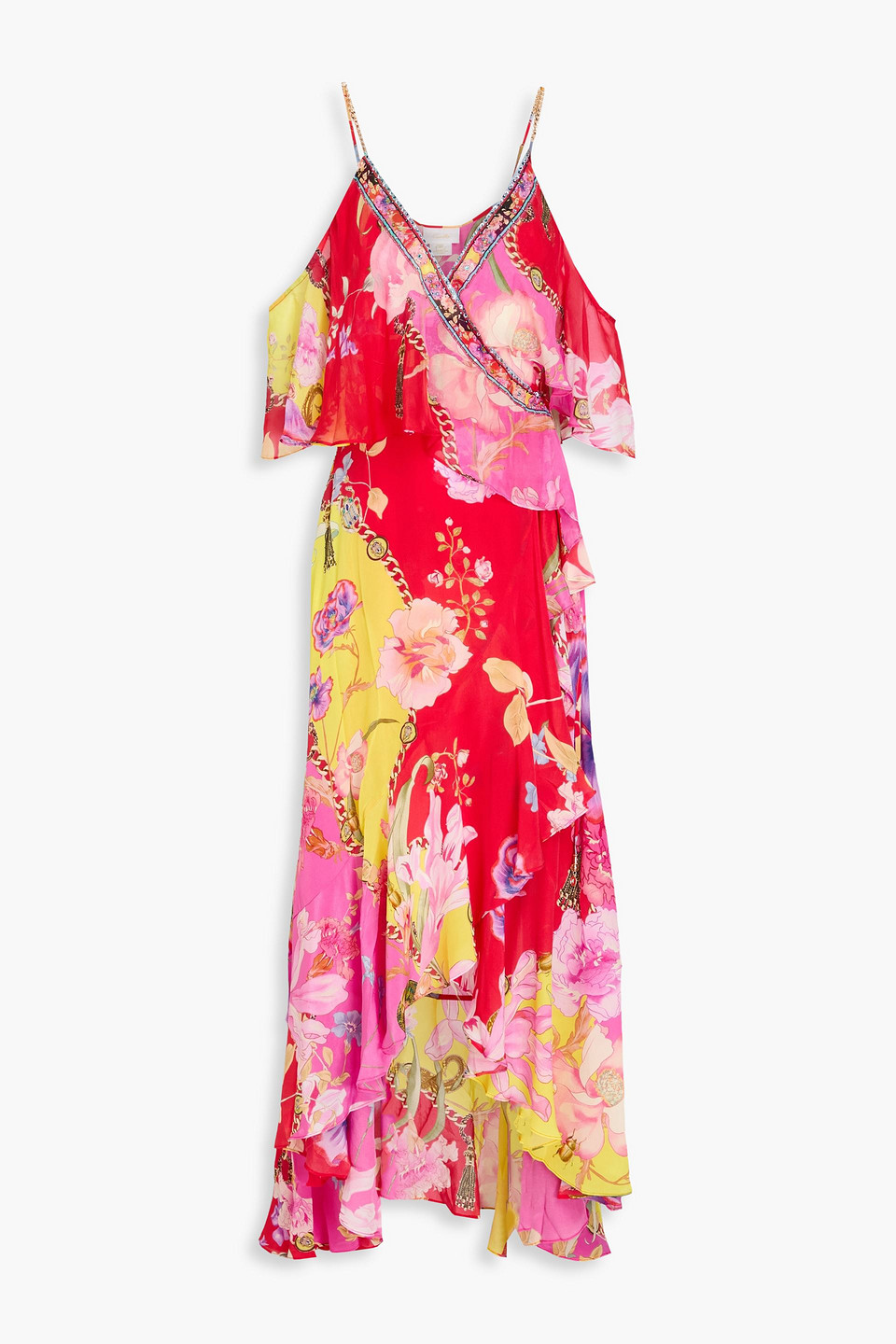 Camilla Cold-shoulder Embellished Printed Maxi Dress In Red