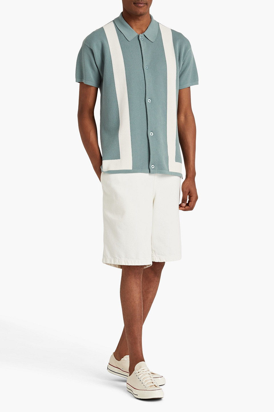 Shop Frescobol Carioca Barretos Striped Pointelle-knit Cotton Shirt In Grey Green