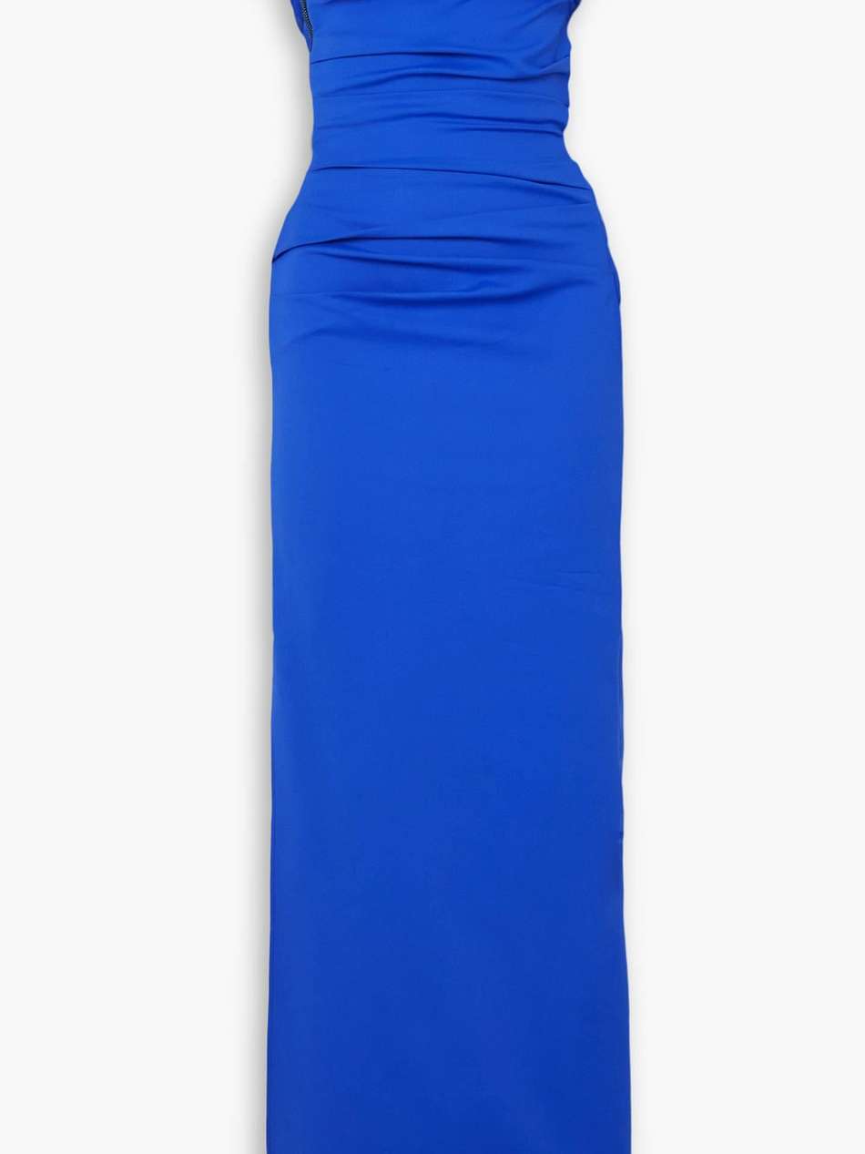 assertion off-the-shoulder ruched stretch-crepe gown