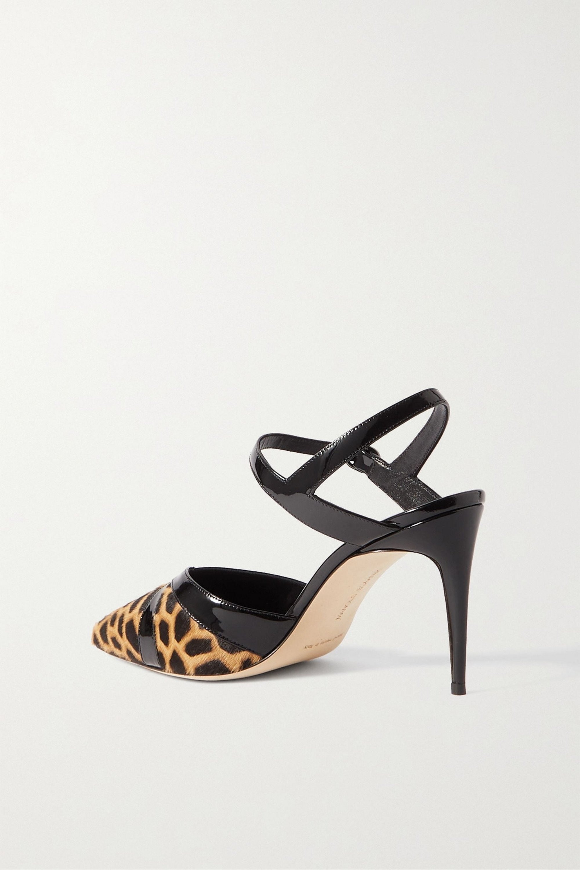 MANOLO BLAHNIK Aristida 90 patent leather-trimmed leopard-print calf hair pumps