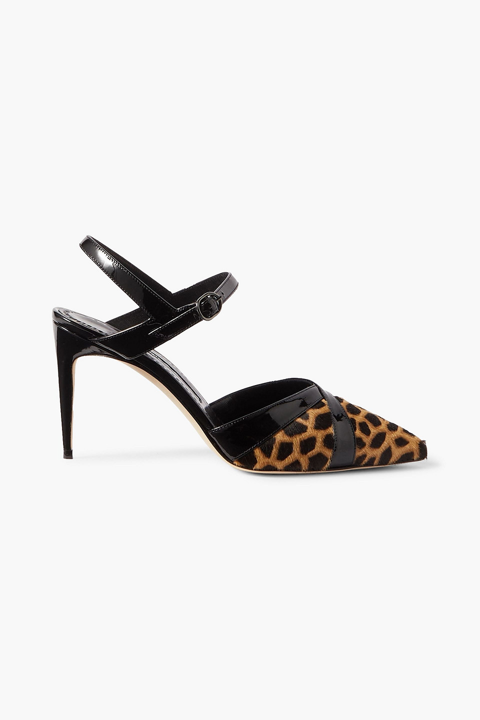 MANOLO BLAHNIK ARISTIDA 90 PATENT LEATHER-TRIMMED LEOPARD-PRINT CALF HAIR PUMPS