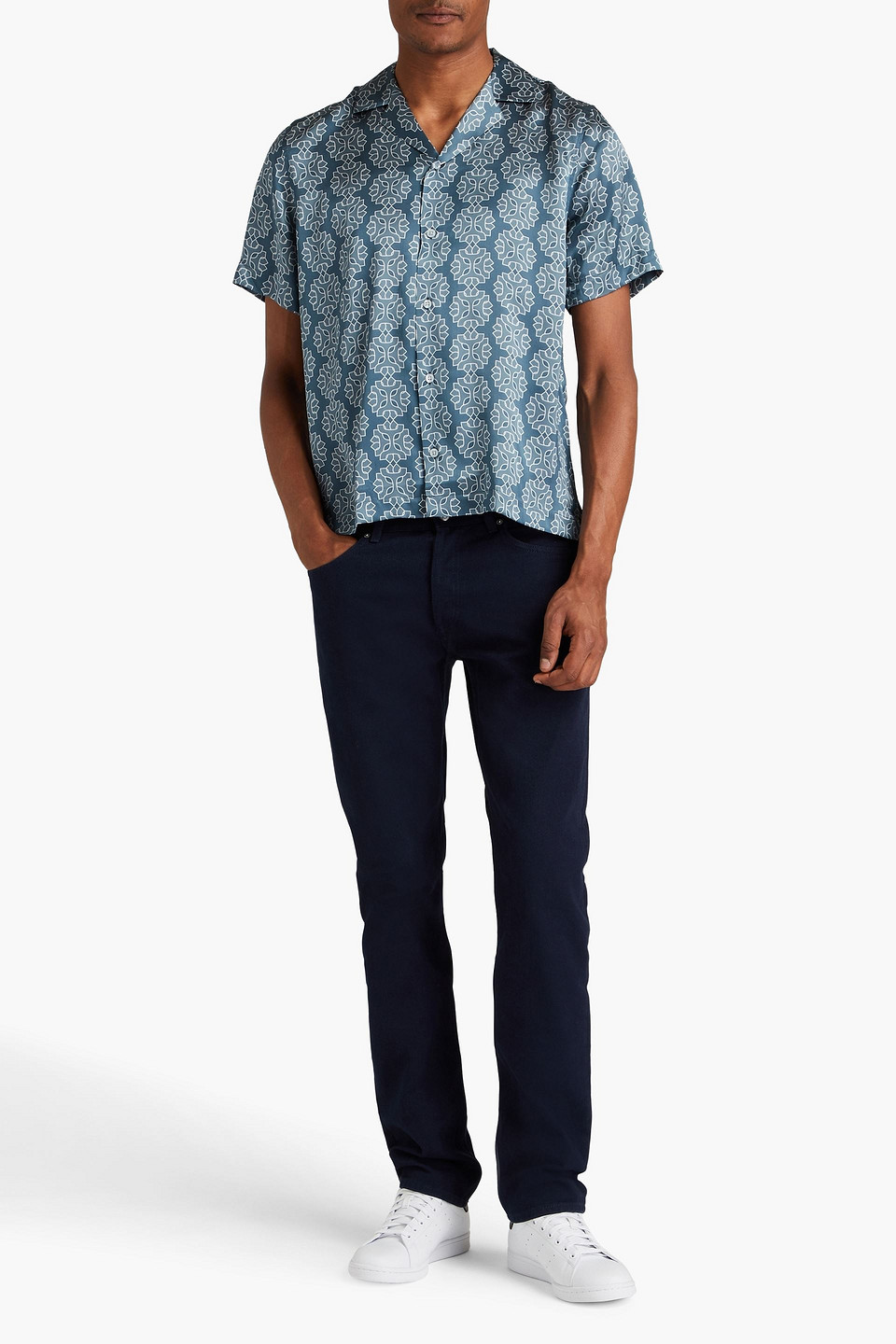 Shop Frescobol Carioca Roberto Printed Silk-satin Shirt In Slate Blue