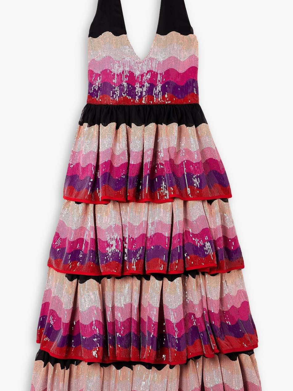 tiered sequined crepe halterneck midi dress