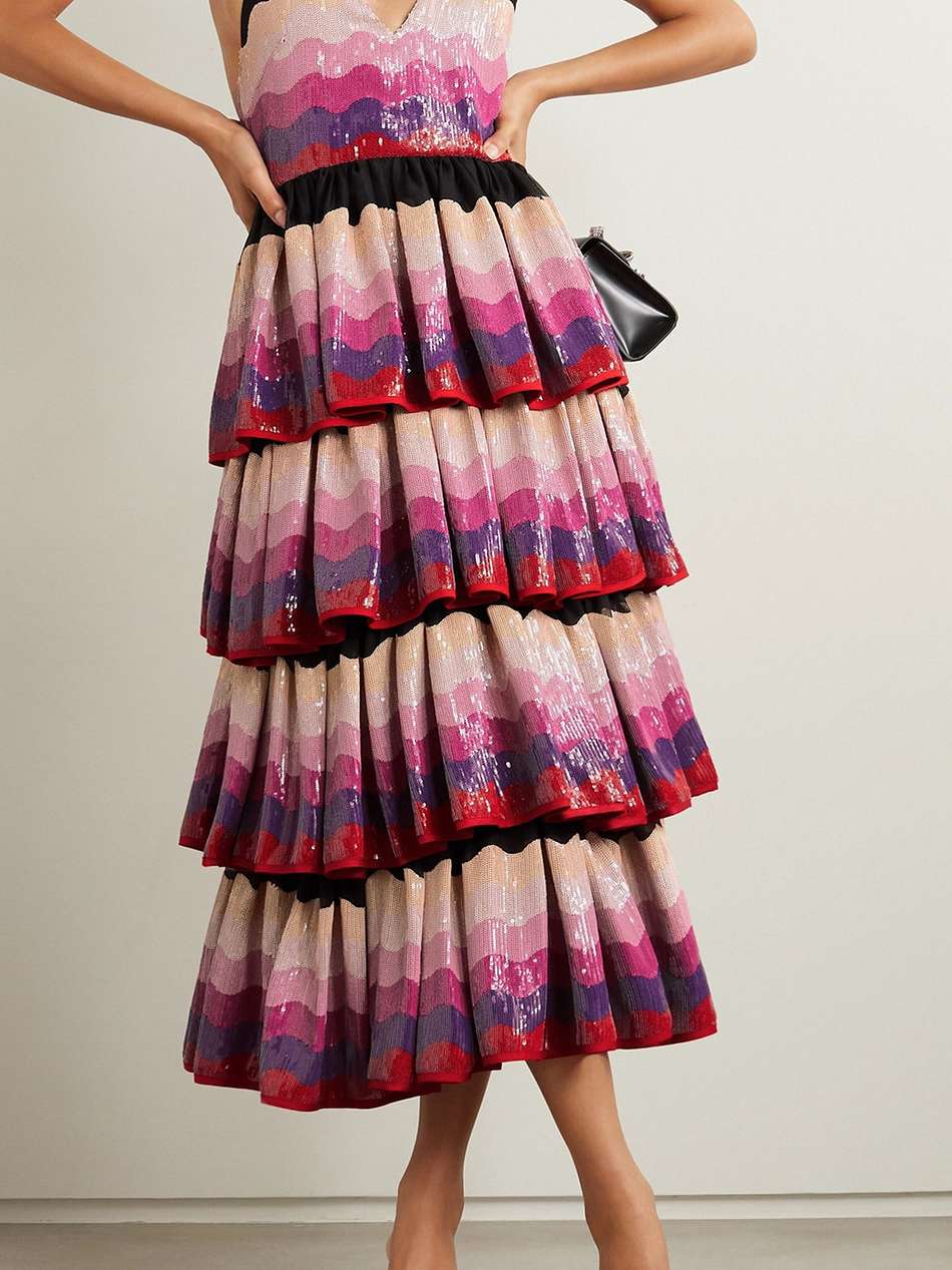tiered sequined crepe halterneck midi dress