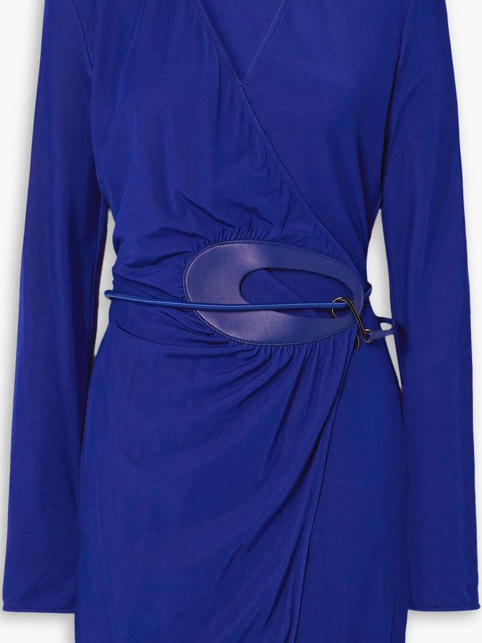 leather-trimmed crepe mini wrap dress