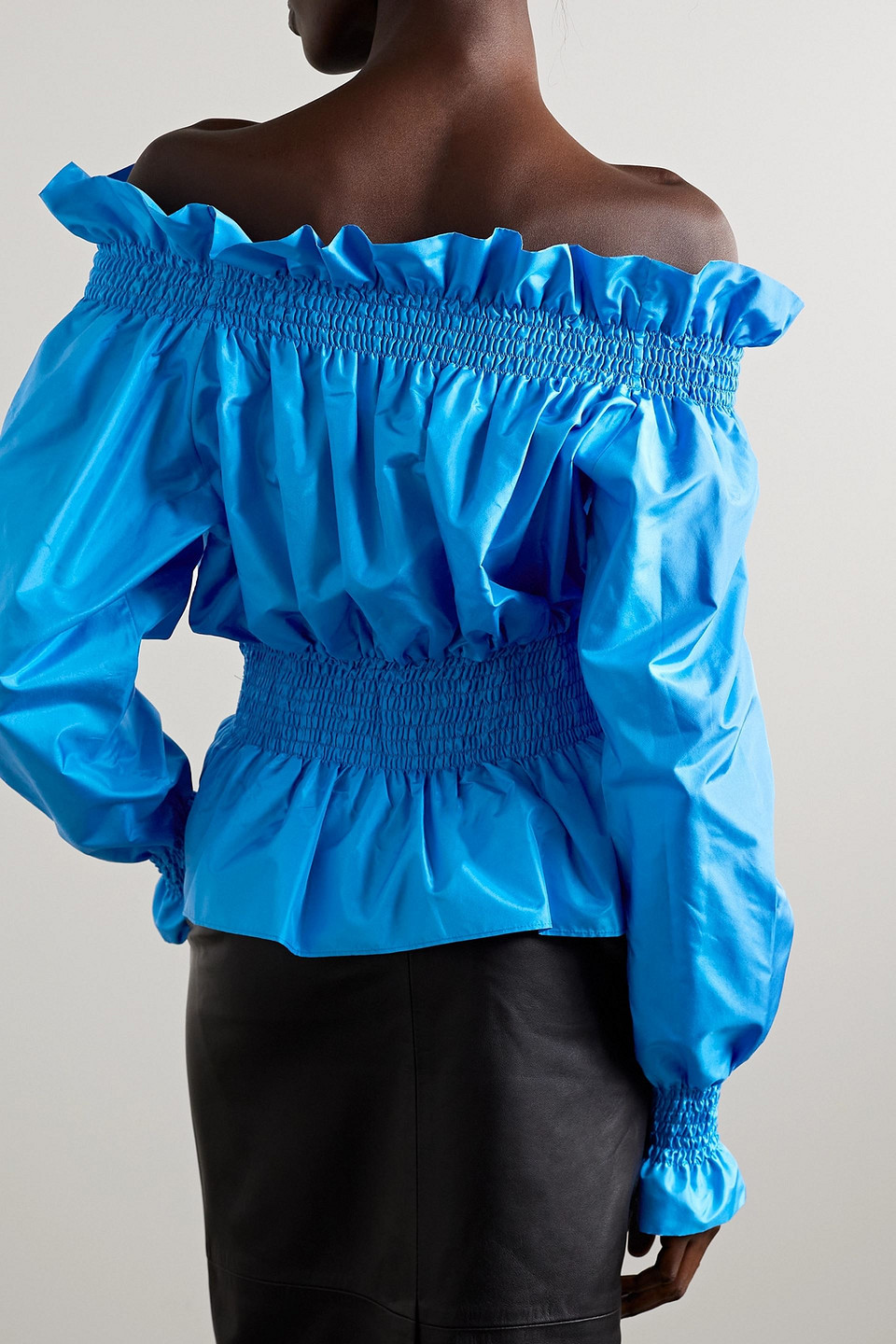 Adam Lippes Off-the-shoulder Shirred Silk-taffeta Top In Azure