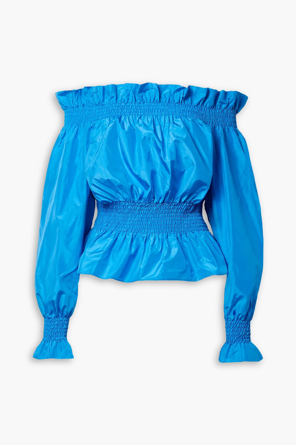 Adam Lippes Off-the-shoulder Shirred Silk-taffeta Top In Azure