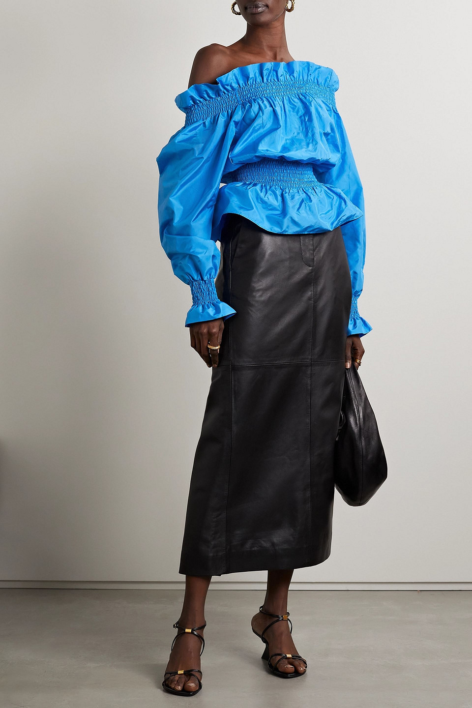 Adam Lippes Off-the-shoulder Shirred Silk-taffeta Top In Azure