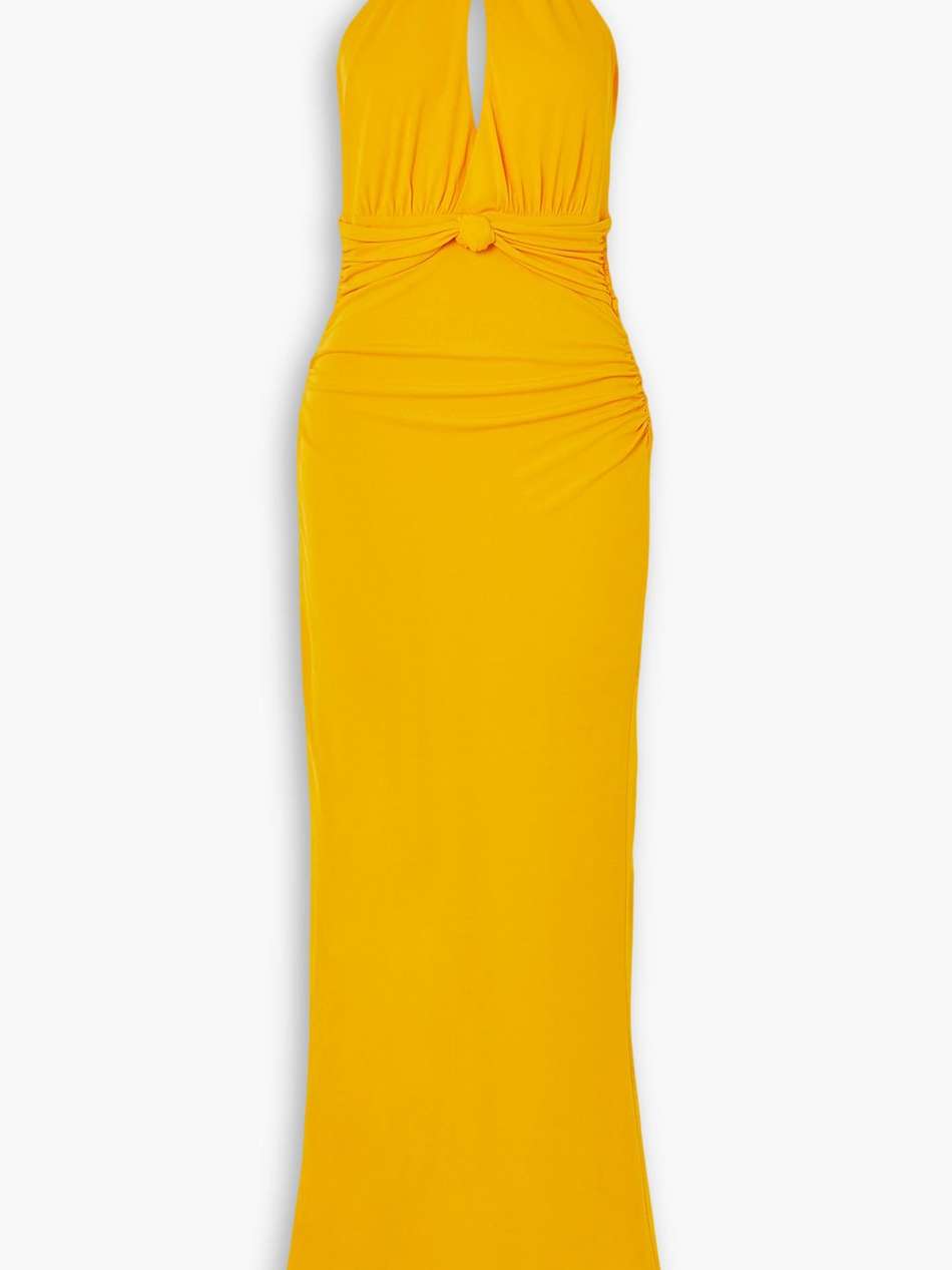 phoenix chain-embellished cutout ruched jersey gown