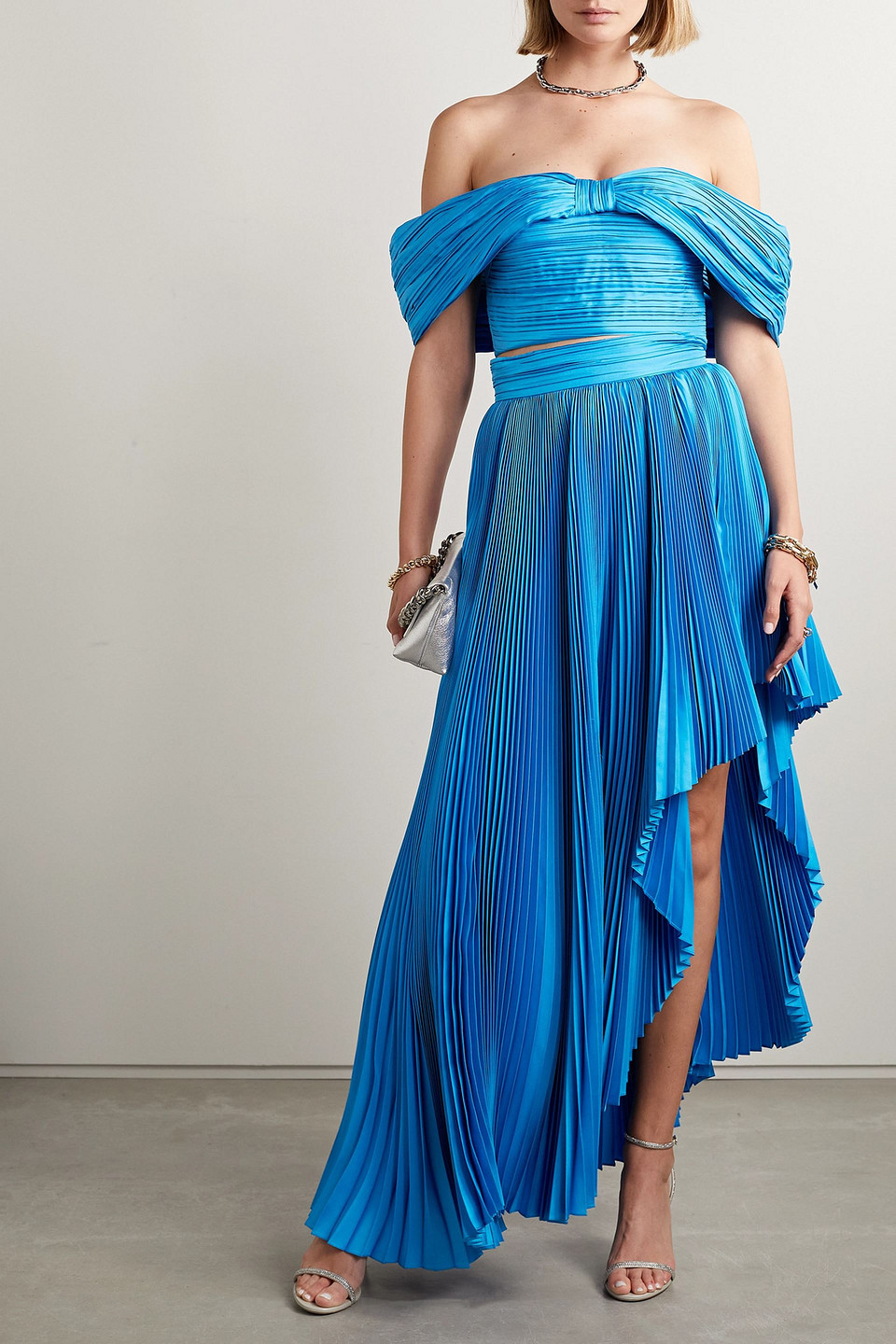Semsem Off-the-shoulder Plissé Silk-charmeuse Bustier Top In Azure