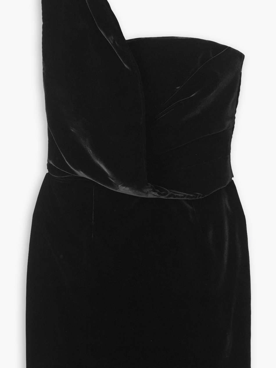 one-shoulder draped velvet mini dress