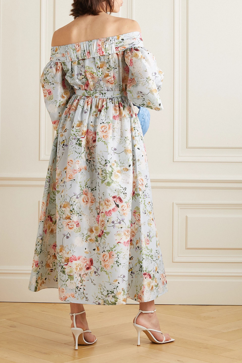 Adam Lippes Bardot Off-the-shoulder Belted Floral-print Silk Maxi Dress In Sky Blue