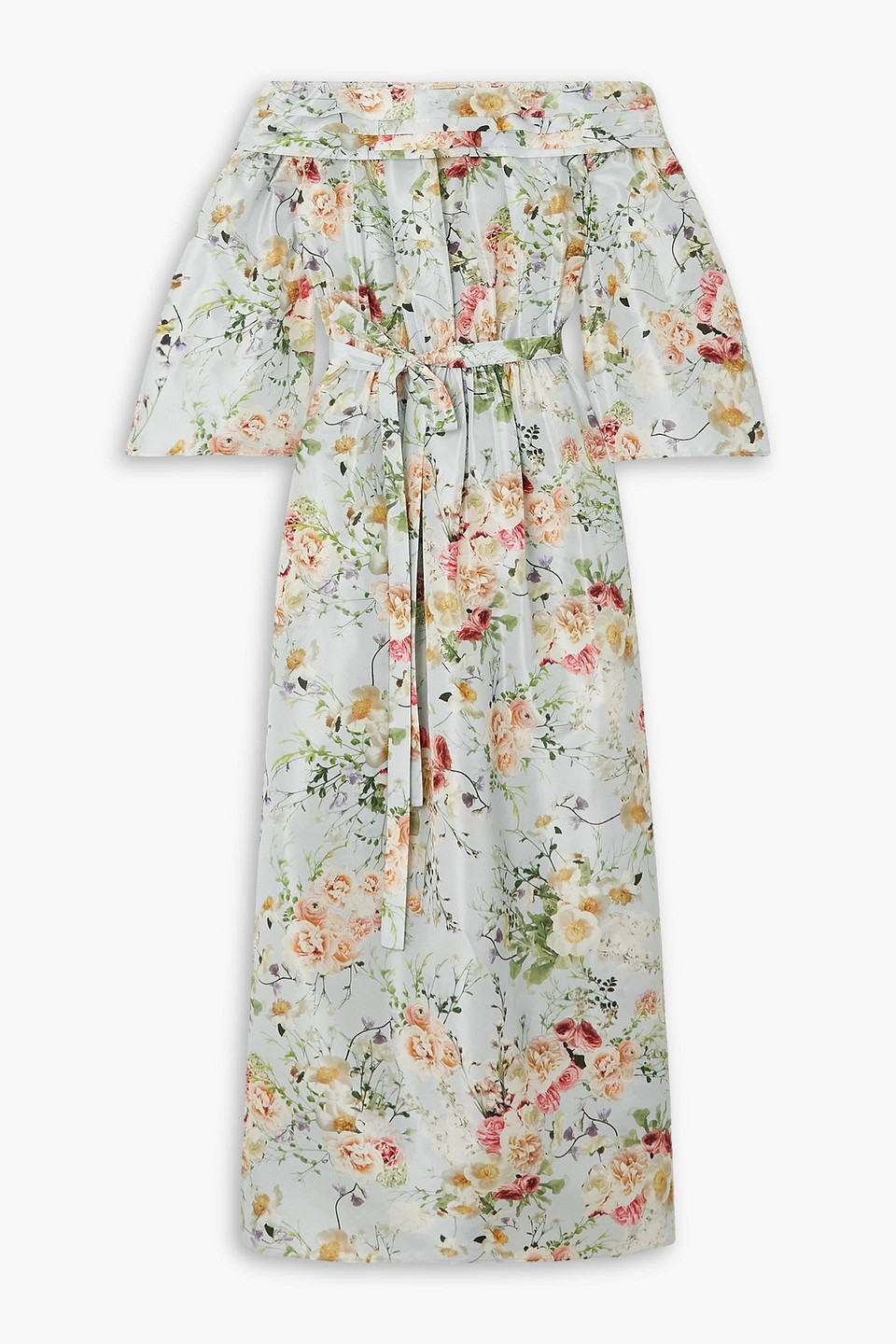 Adam Lippes Bardot Off-the-shoulder Belted Floral-print Silk Maxi Dress In Sky Blue