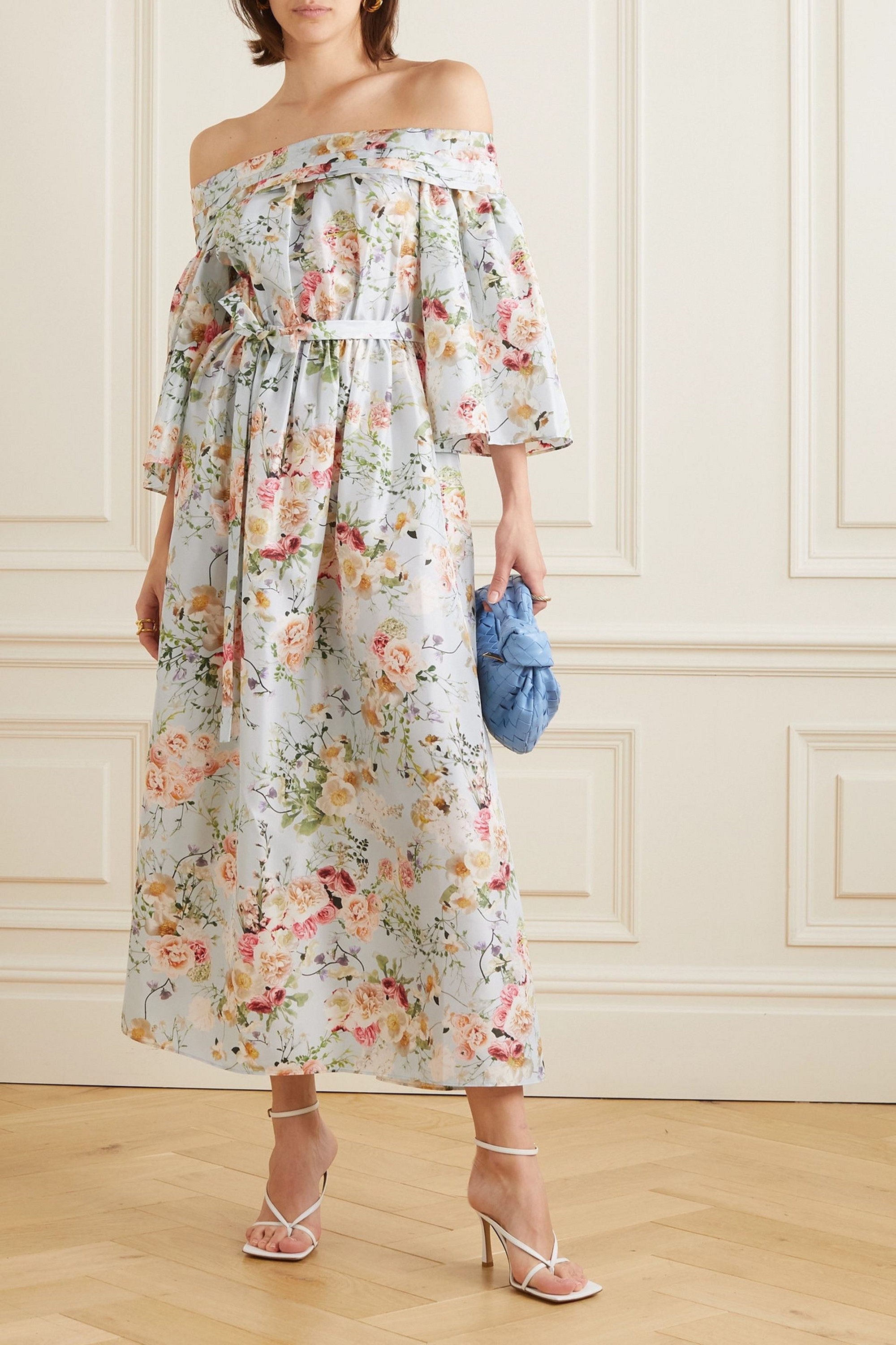 Adam Lippes Bardot off-the-shoulder belted floral-print silk maxi dress