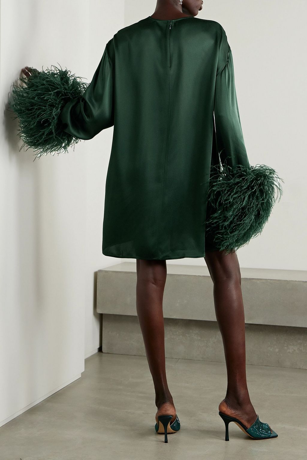 LAPOINTE Feather-trimmed satin mini dress