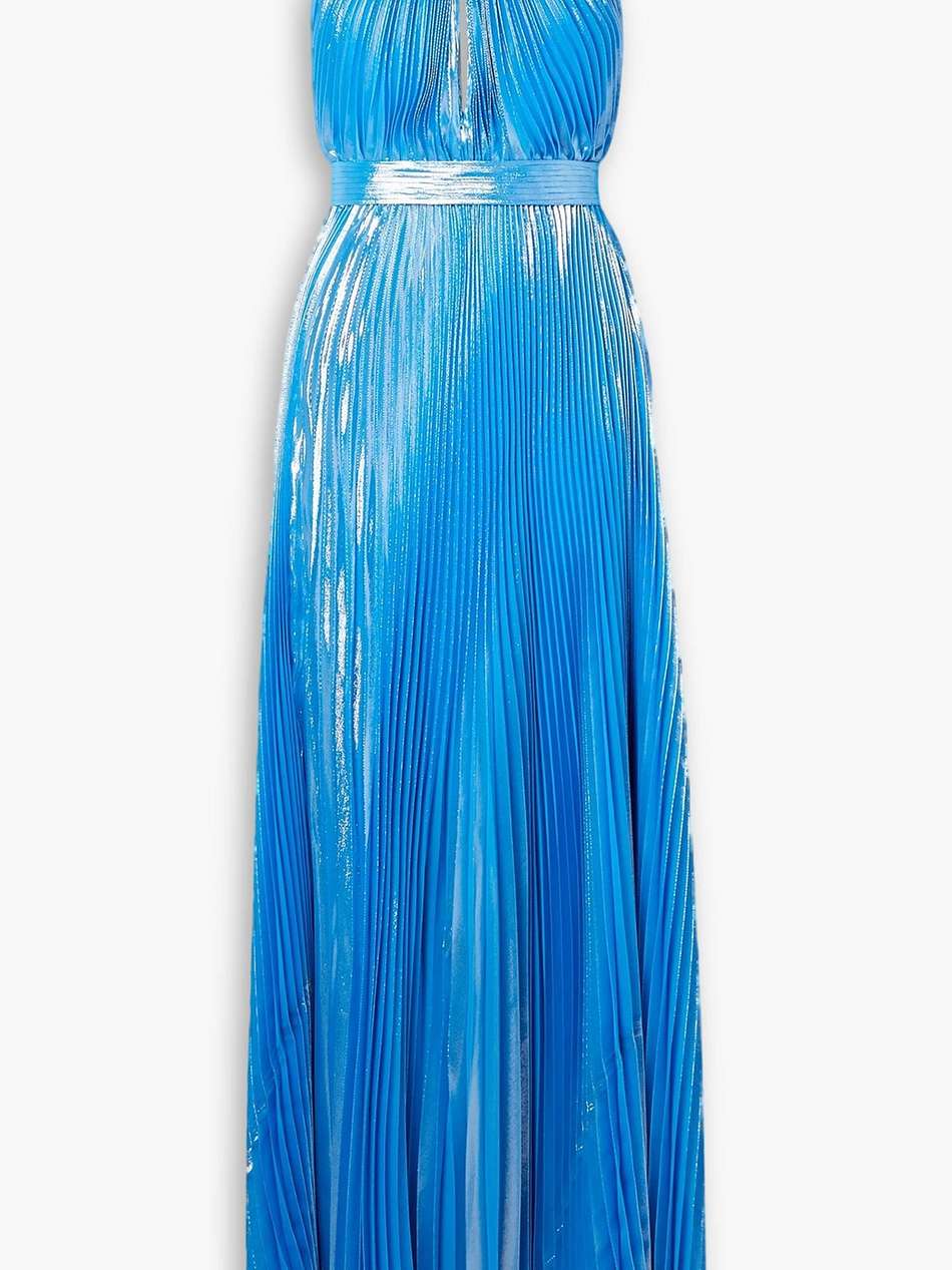cutout silk and lurex-blend plissé-lamé halterneck gown