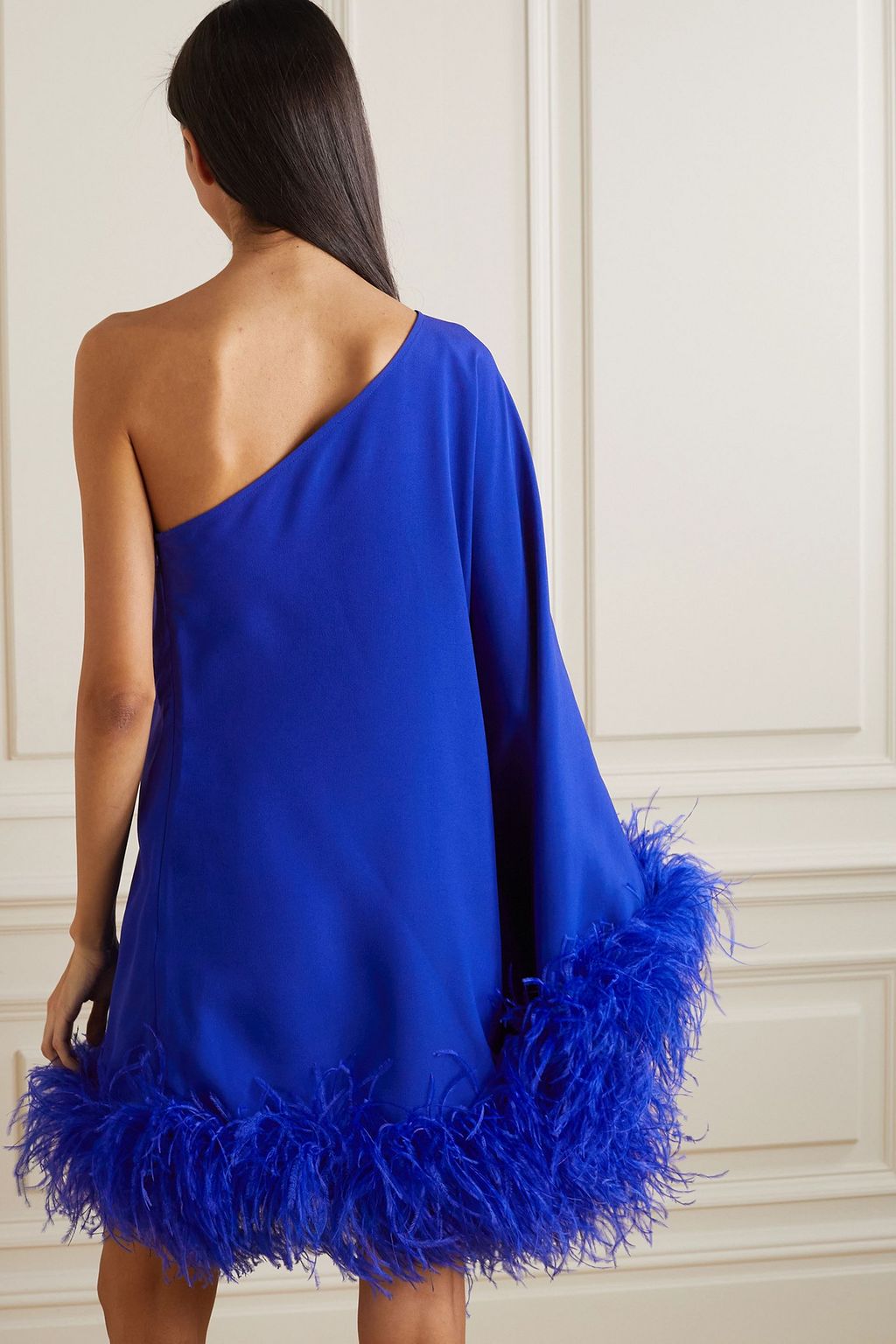 TALLER MARMO Piccolo Ubud one-shoulder feather-trimmed crepe mini dress