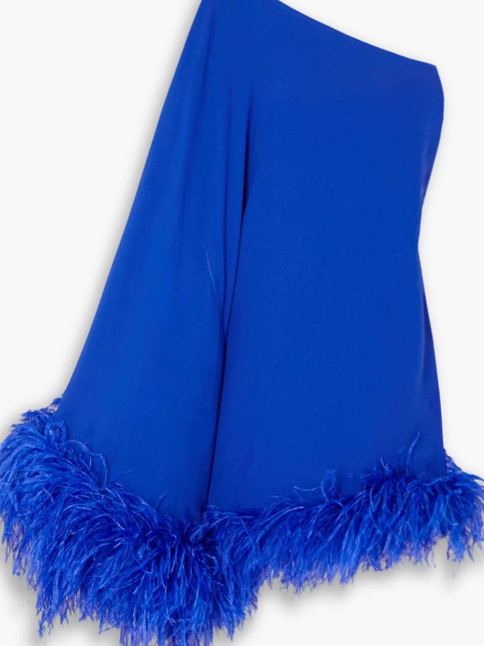 piccolo ubud one-shoulder feather-trimmed crepe mini dress