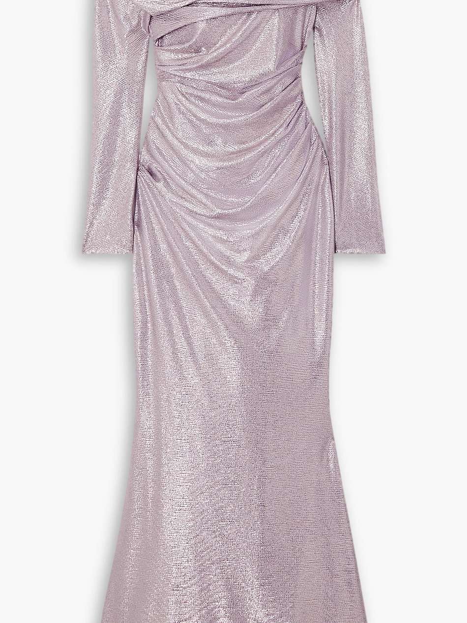 off-the-shoulder draped metallic woven gown