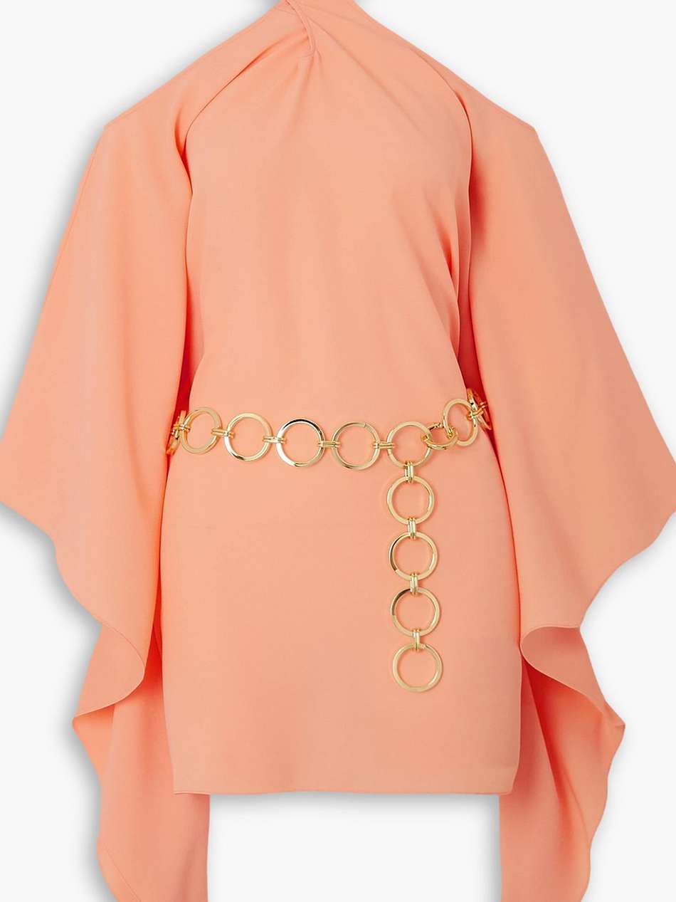 piccolo mambo belted cold-shoulder crepe mini dress