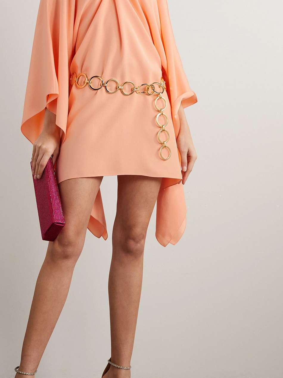 piccolo mambo belted cold-shoulder crepe mini dress