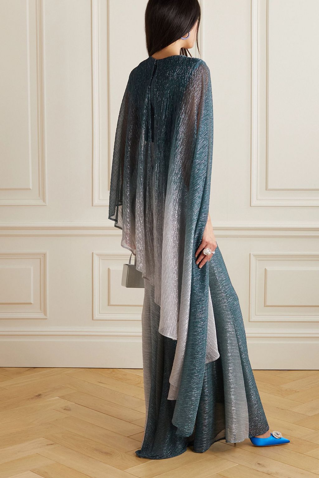 TALBOT RUNHOF Asymmetric cape-effect metallic voile gown