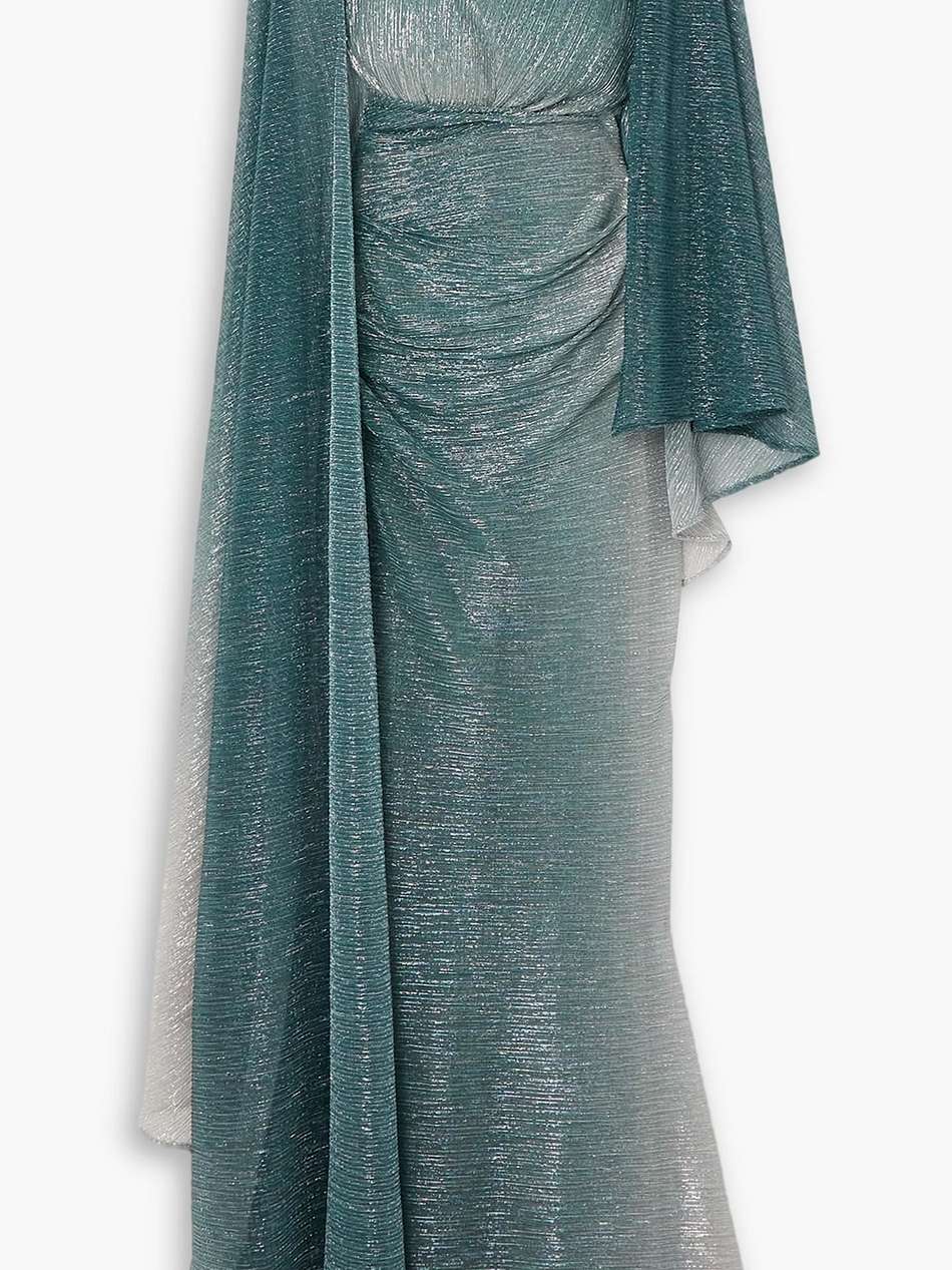 asymmetric cape-effect metallic voile gown