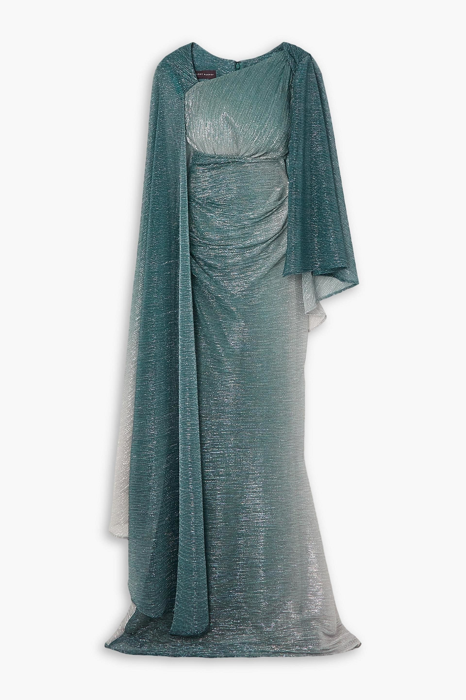 Talbot Runhof Asymmetric Cape-effect Metallic Voile Gown In Petrol