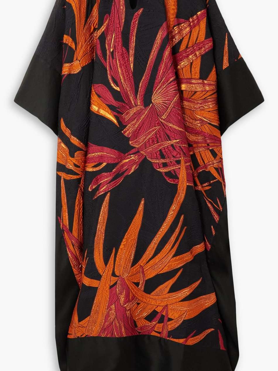 palm springs duchesse satin-trimmed brocade kaftan