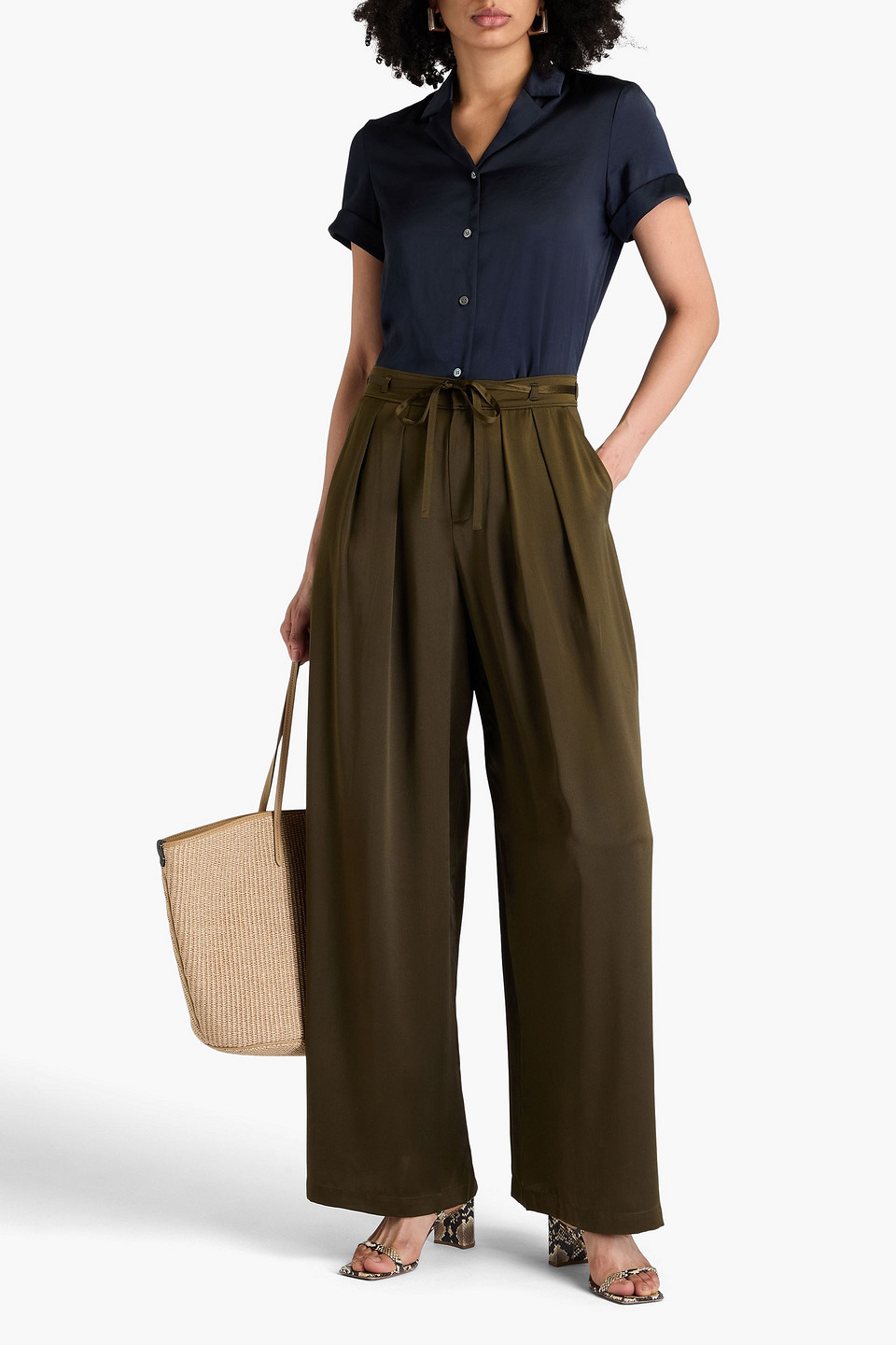 Frame Pleated Silk-satin Wide-leg Pants In Army Green