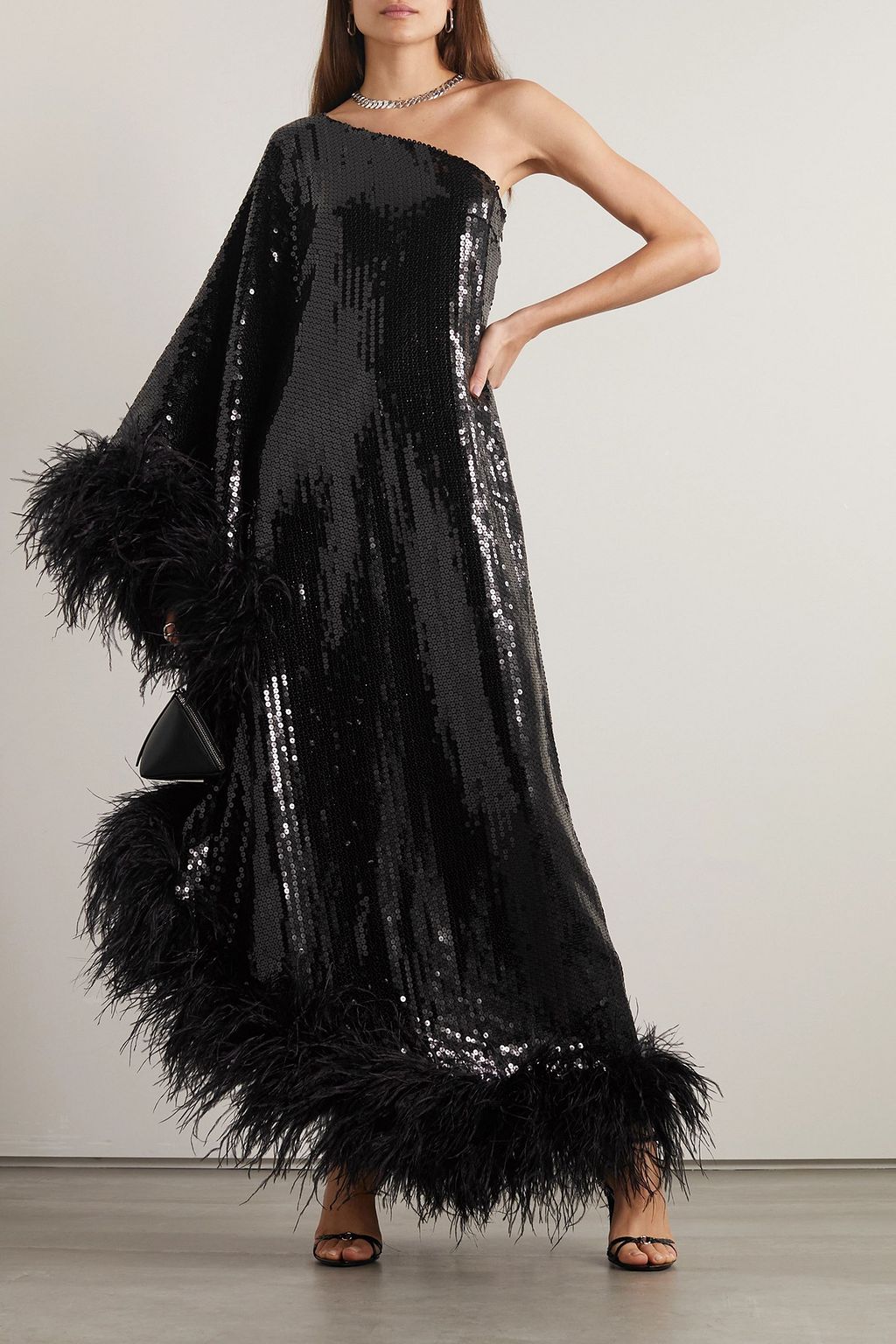 TALLER MARMO Disco Ubud asymmetrische Robe aus Crêpe mit Pailletten und Federn