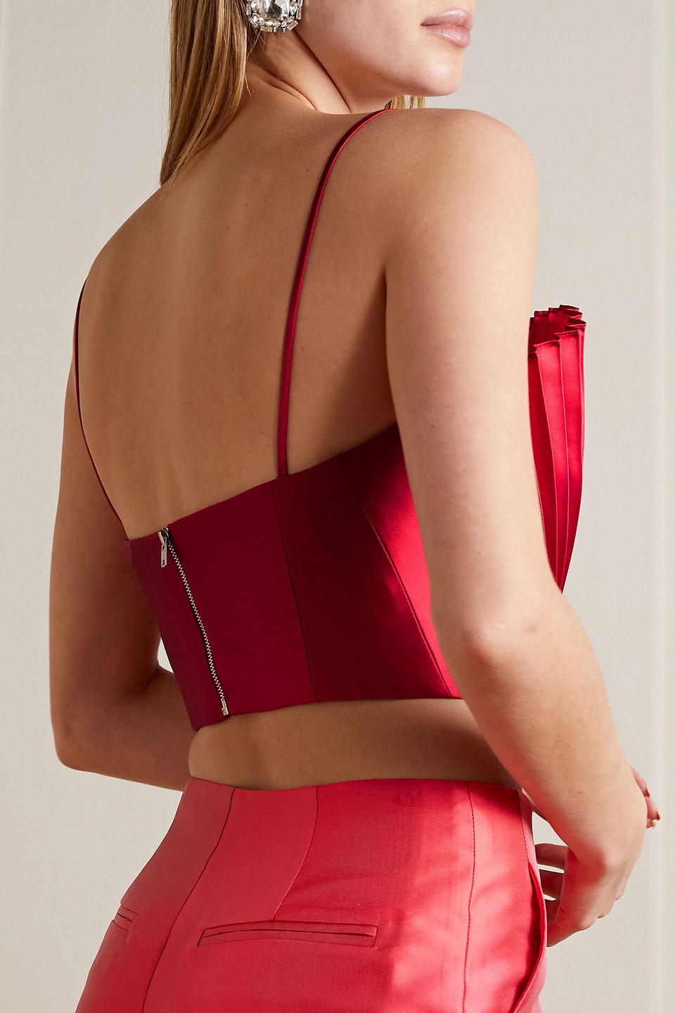 Semsem Cropped Plissé-satin Bustier Top In Red