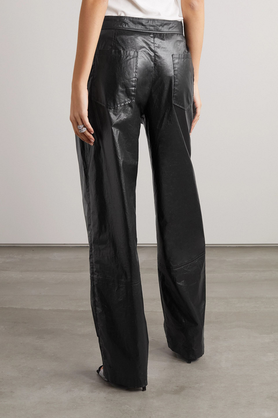 ISABEL MARANT ANEA CRINKLED COATED COTTON-BLEND PANTS