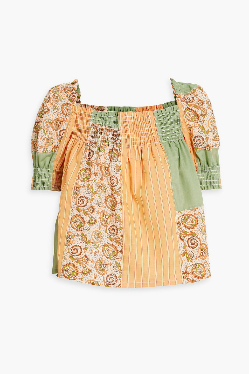 Re/done 70s Shirred Patchwork Printed Cotton Top In Sage Green