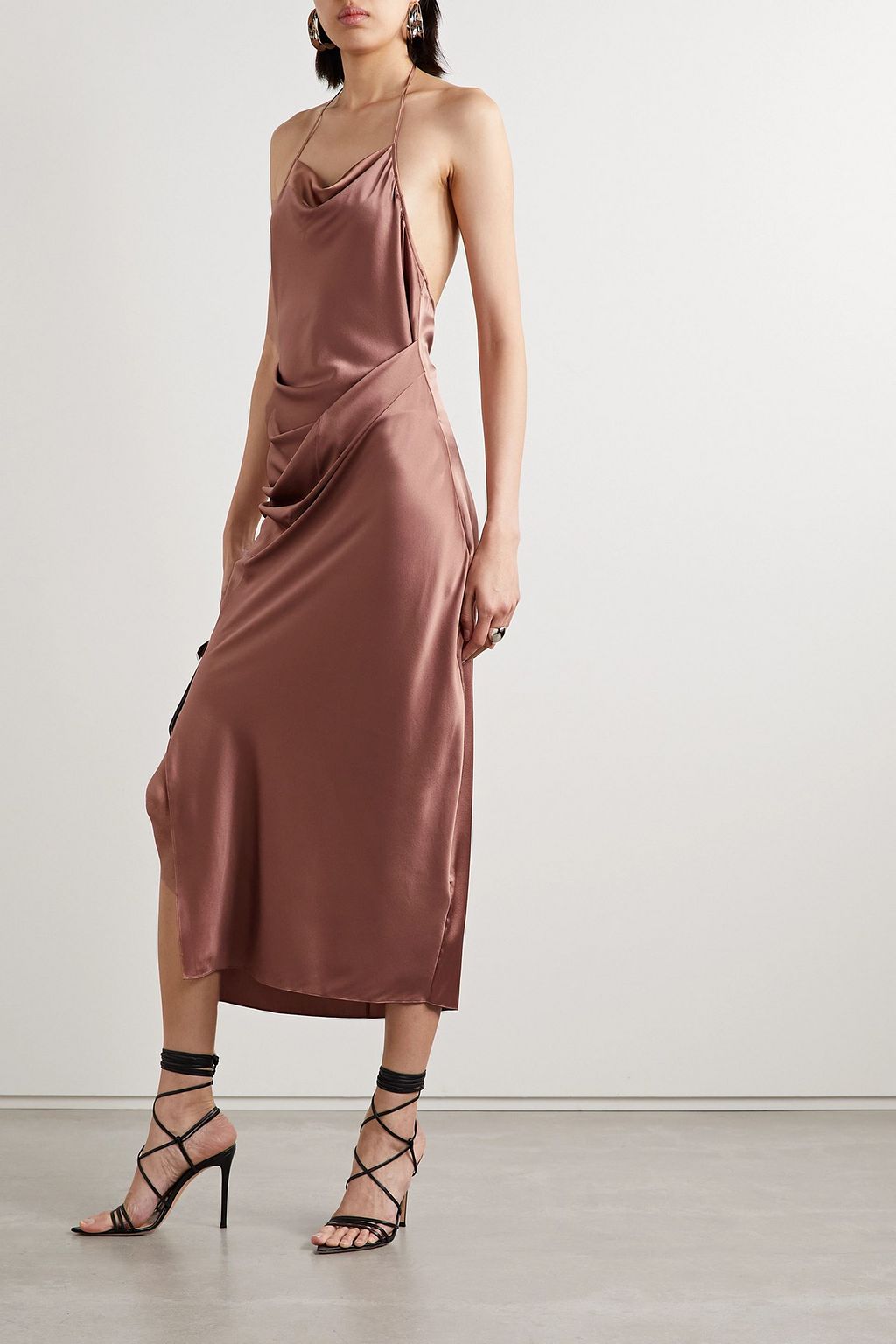 HELMUT LANG 드레이프 실크 혼방 새틴 홀터넥 미디 드레스