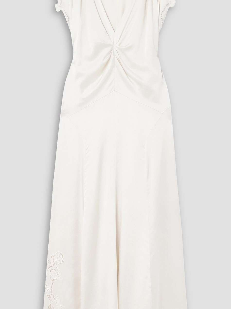 jordina gathered guipure lace-trimmed silk-blend satin midi dress