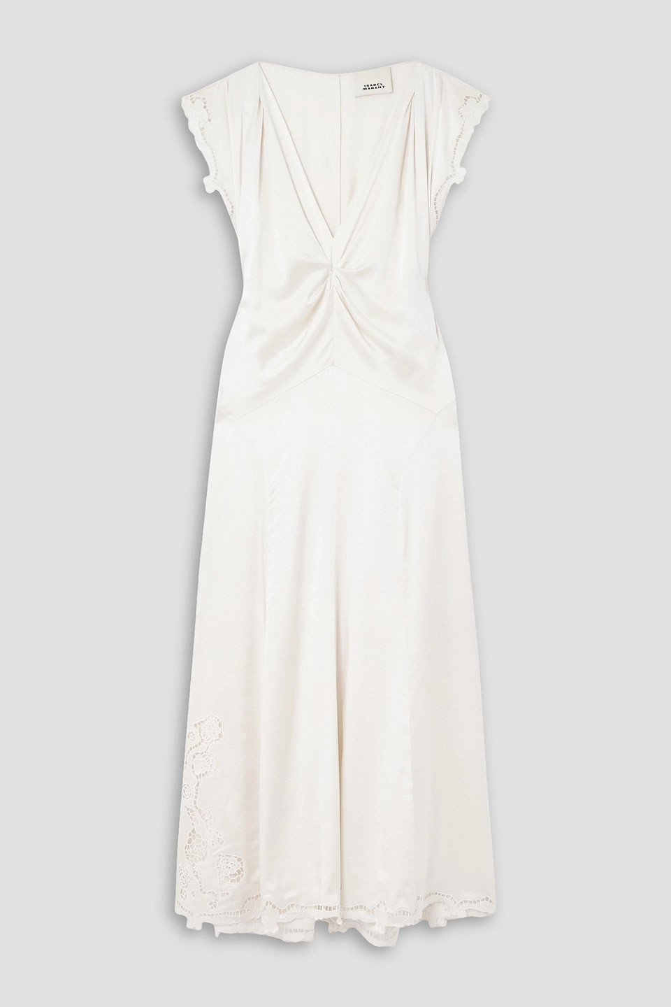 Isabel Marant Jordina Gathered Guipure Lace-trimmed Silk-blend Satin Midi Dress In Off-white