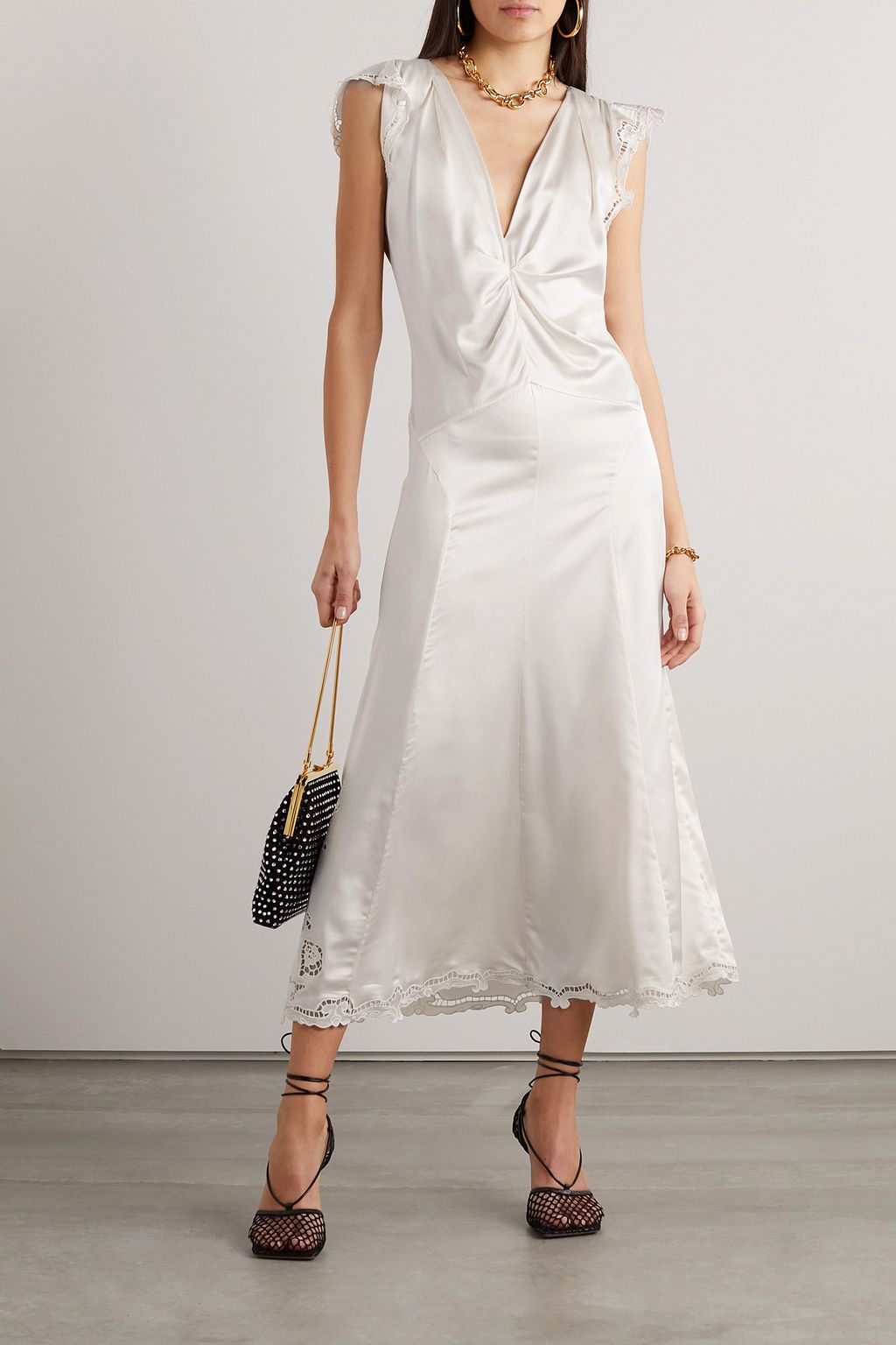 ISABEL MARANT Jordina gathered guipure lace-trimmed silk-blend satin midi dress
