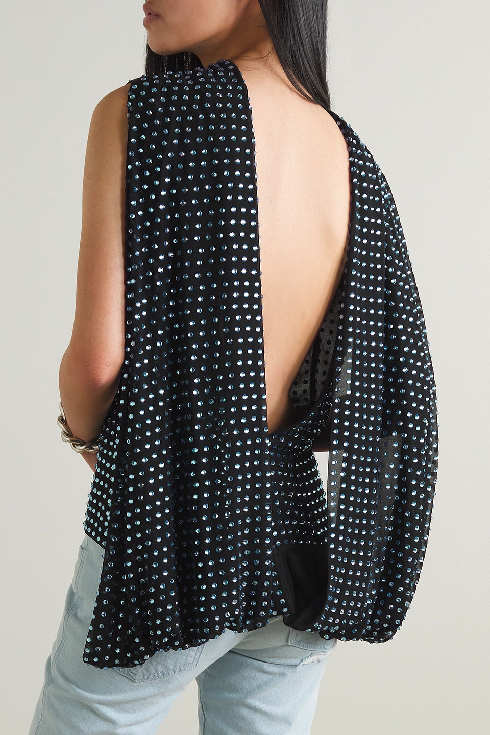 16arlington Blair Open-back Crystal-embellished Draped Crepe Turtleneck Top In Black