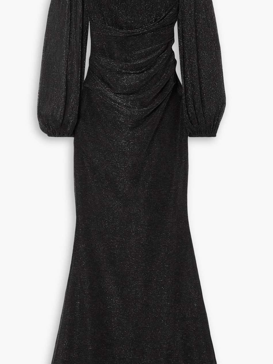 off-the-shoulder draped metallic voile gown